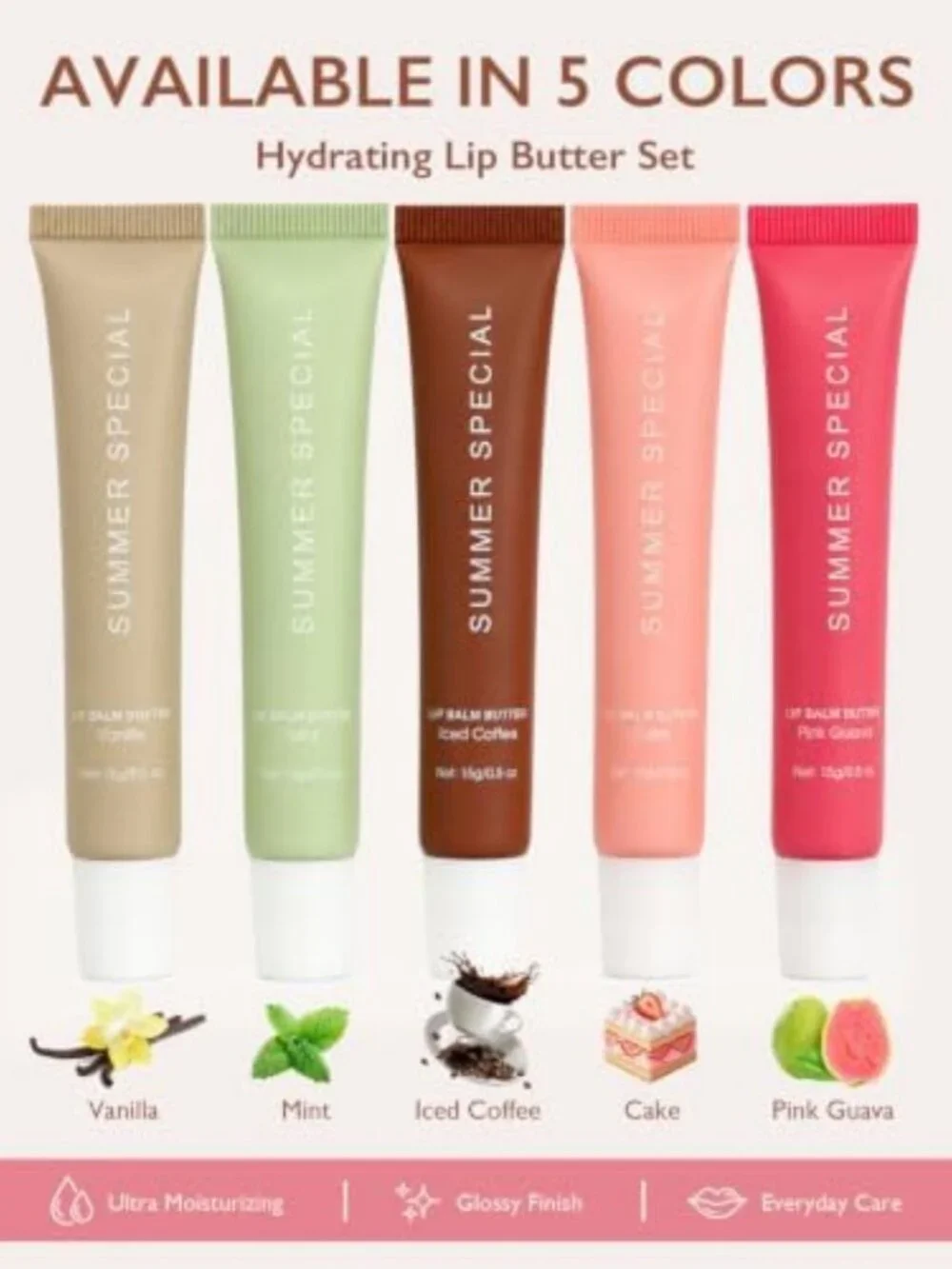 5-Pack Tinted Lip Balm Set for Summer, Moisturizing Gloss for Dry Lips